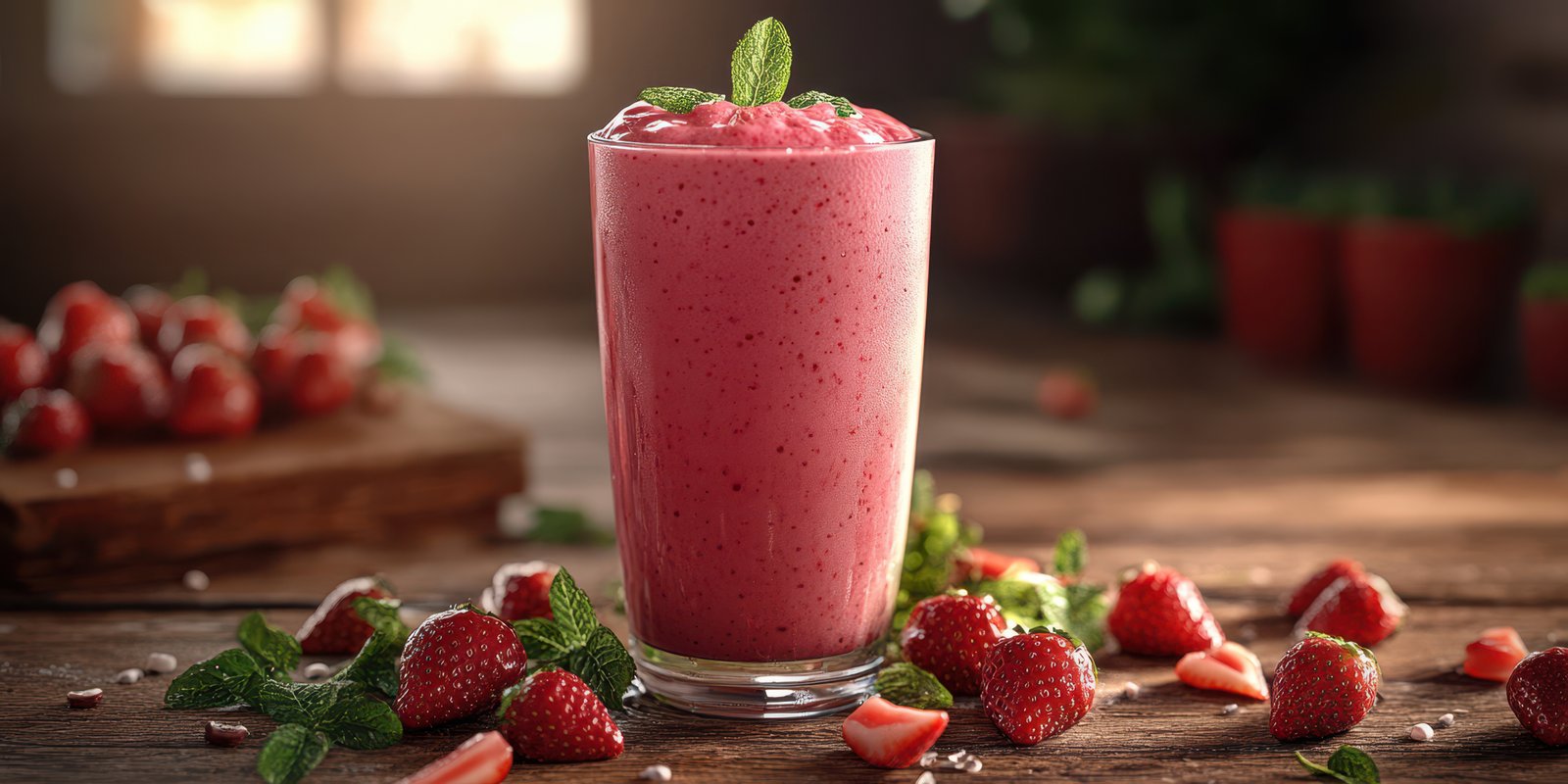 Refreshing strawberry smoothie served in a tall glass with fresh mint leaves on a rustic wooden table